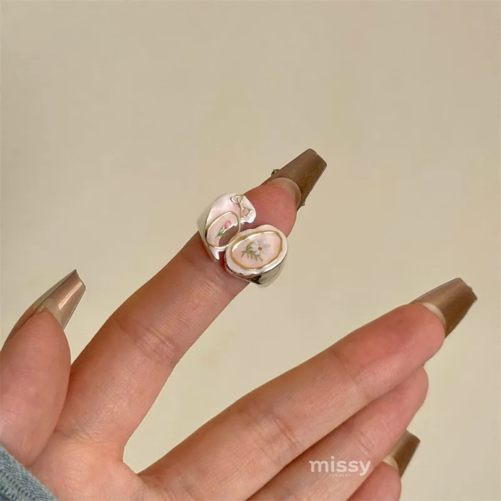 Pink Porcelain Blossom Ring Set