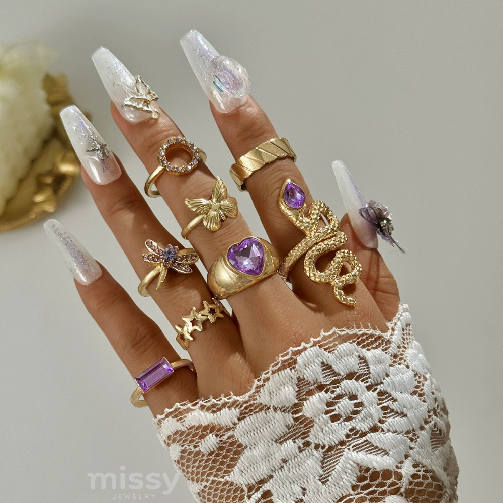 Lilac Crystal 8 Piece Ring Set