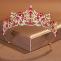 Rhinestone Water Drop Bridal Tiara - Gold with Rose Red Rhinestones [SOW3EMDS]