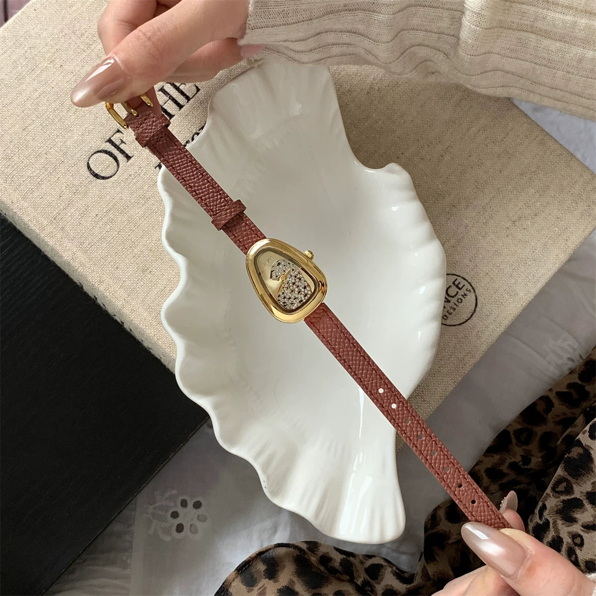 Square Leopard Print Watch - Snake Head Leopard / Dark Brown Strap Gold Dial [BIP2JWUO]