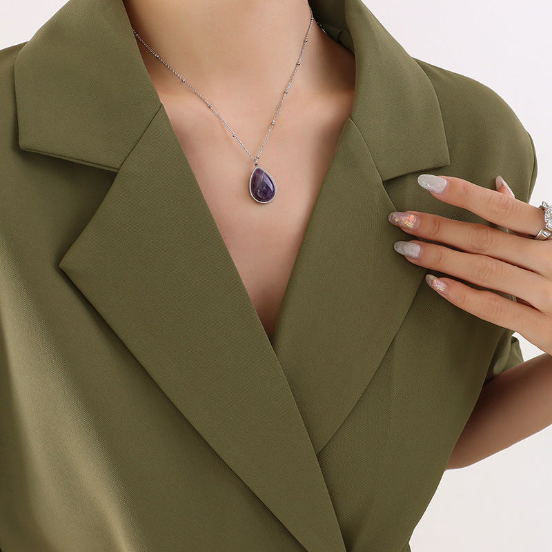 Izzabella Natural Stone Pendant Necklace - Steel Purple Natural Stone [CHNMGHO2]