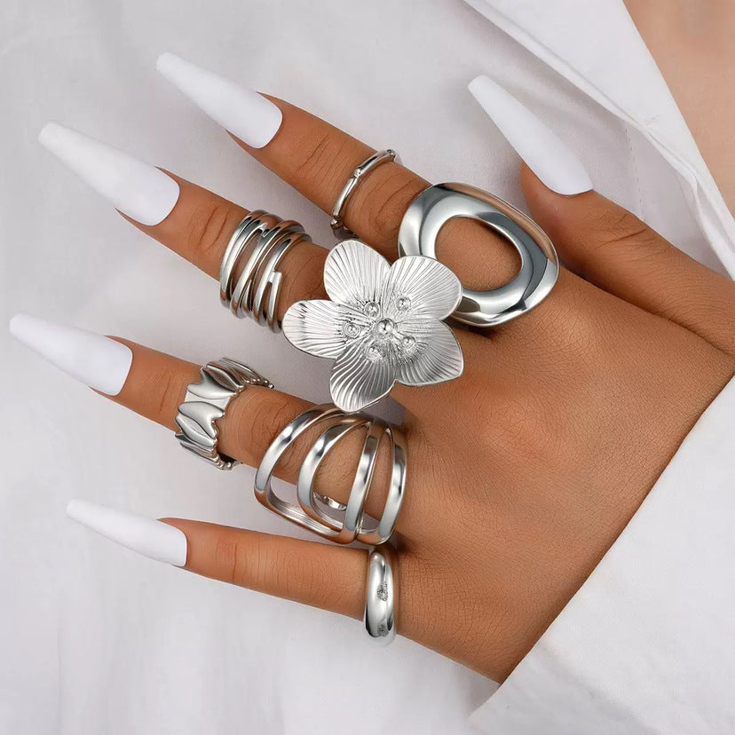 Ashlee Pearl Blossom Ring Set - Flower Plain Band Ring [D9QHNFPW]