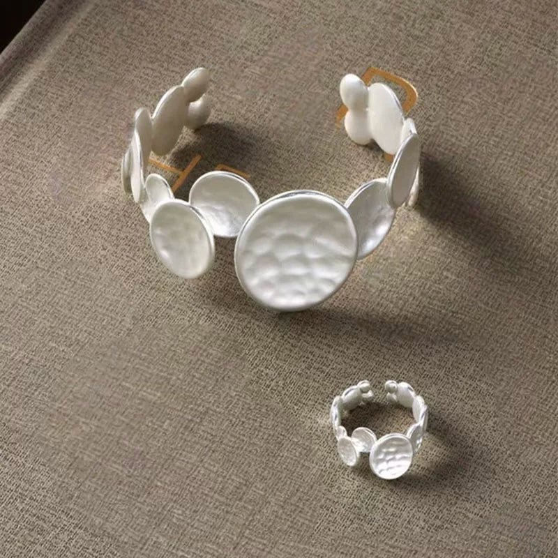 Irregular Disc Bracelet and Ring Set - Silver Bracelet + Ring Set [8OBH9GY4]