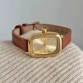 Vintage Square Dial Leather Watch - Brown Strap Gold Face [7TMTDOT0]