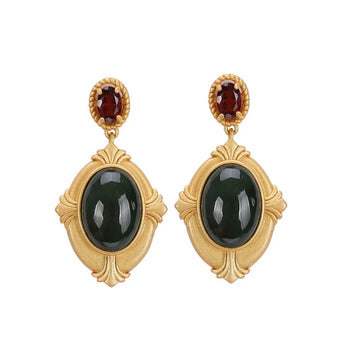 Rosalie Regal Jade and Garnet Vintage Earrings