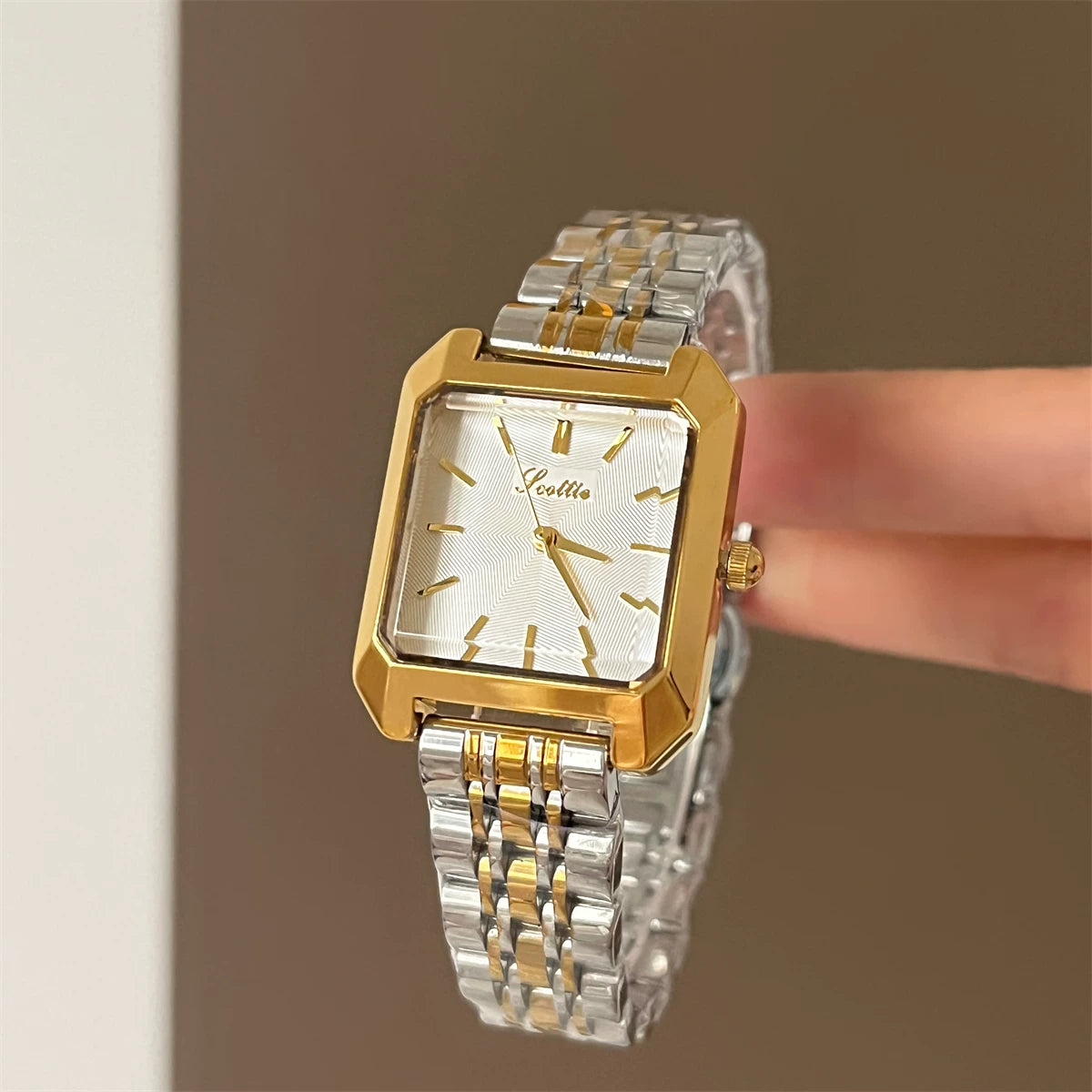 Square Case Minimalist Wrist Watch - Two-Tone Band White Dial (Steel) [QW5QPZDY]