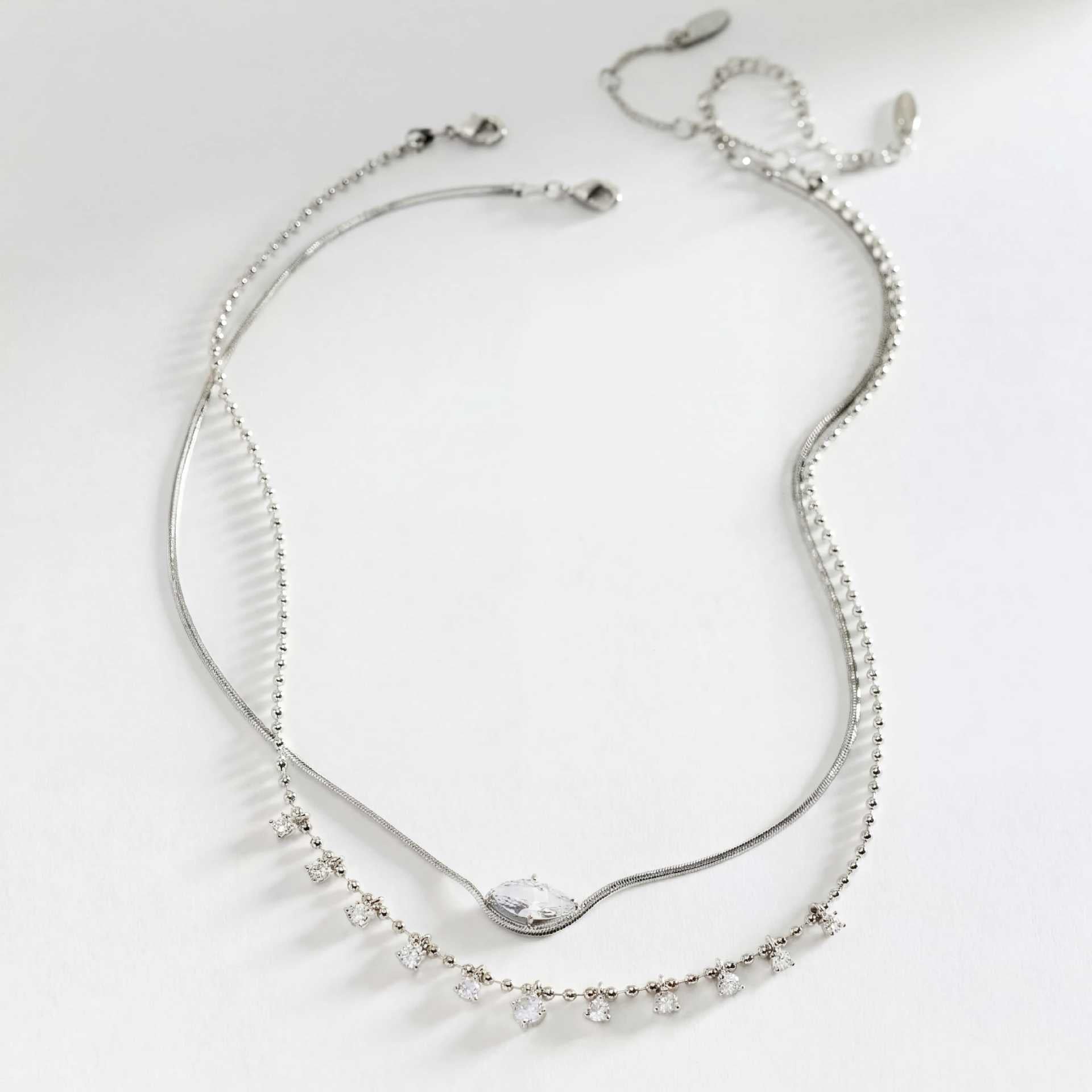 Marquise Zirconia Layered Necklace - Silver Marquise Zirconia Necklace [N3LD5XEF]
