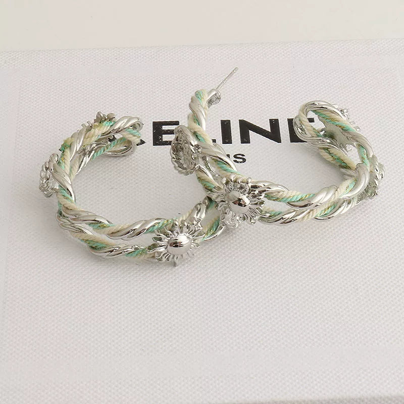 Braided Rope Sunflower Hoop Earrings - Premium Silver Large [Q4AQGD5W]