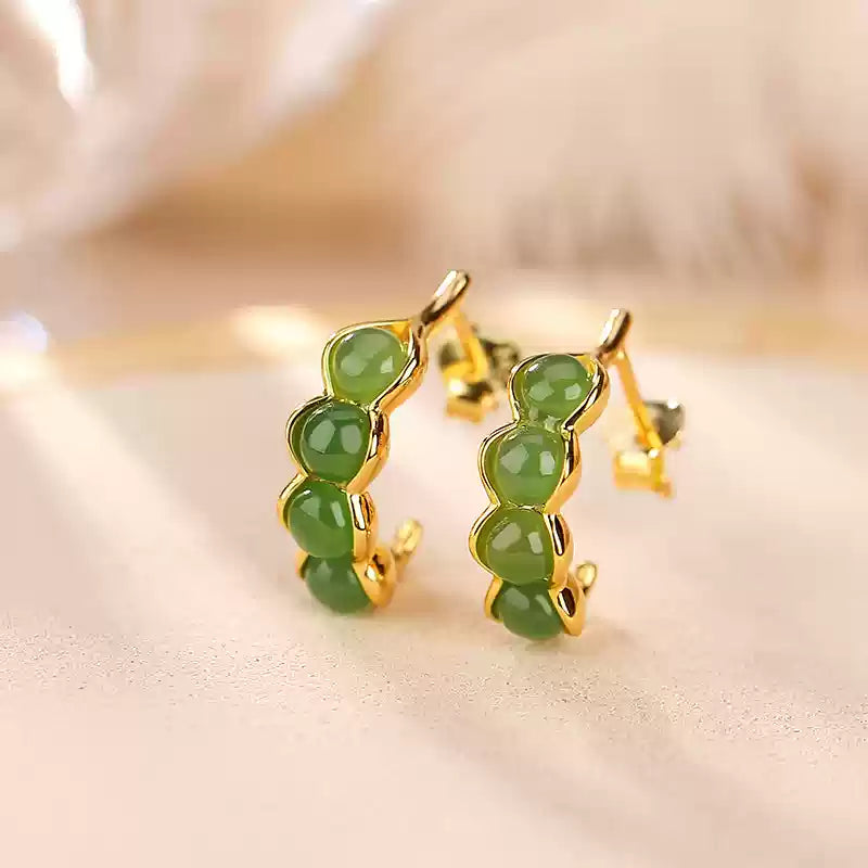 Jade Stone Silver Hoop Earrings