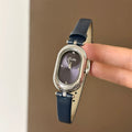 Oval Dial Leather Strap Watch - Dark Blue (Silver Frame) [4KTXK560]