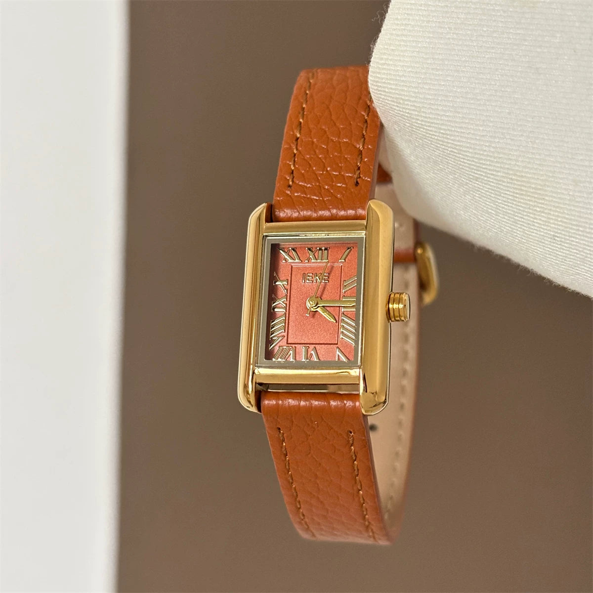 Vintage Square Dial Leather Watch - Style 1 (Orange Leather Strap) [2BKZO67L]
