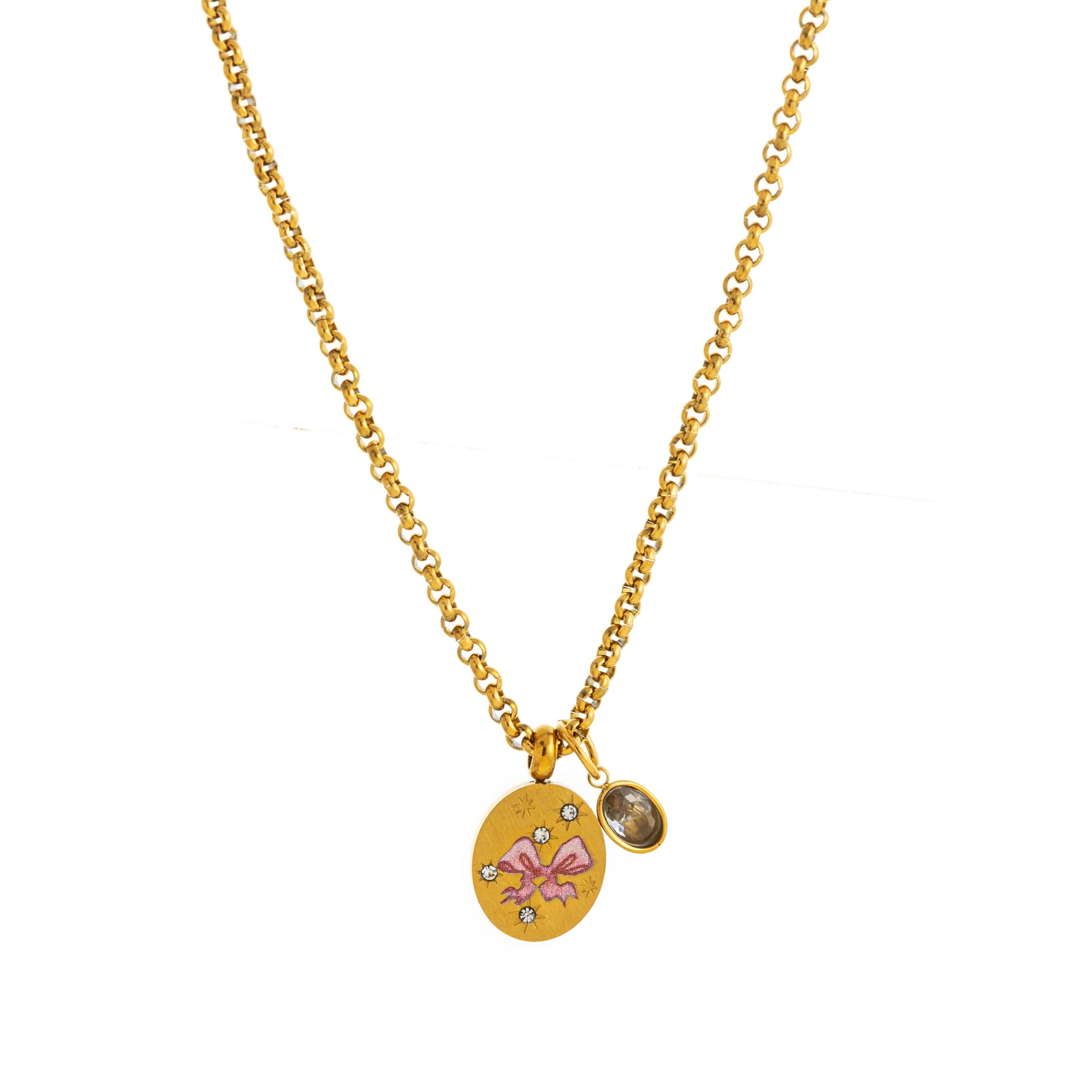 Dainty Heart Pendant Necklace - Pink Bow Necklace (with Zircon) [AB082RPU]
