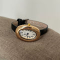 Vintage Inspired Bangle Watch - Black Leather / Gold Case / White Dial / Full Roman Numerals [1HEPEQL5]