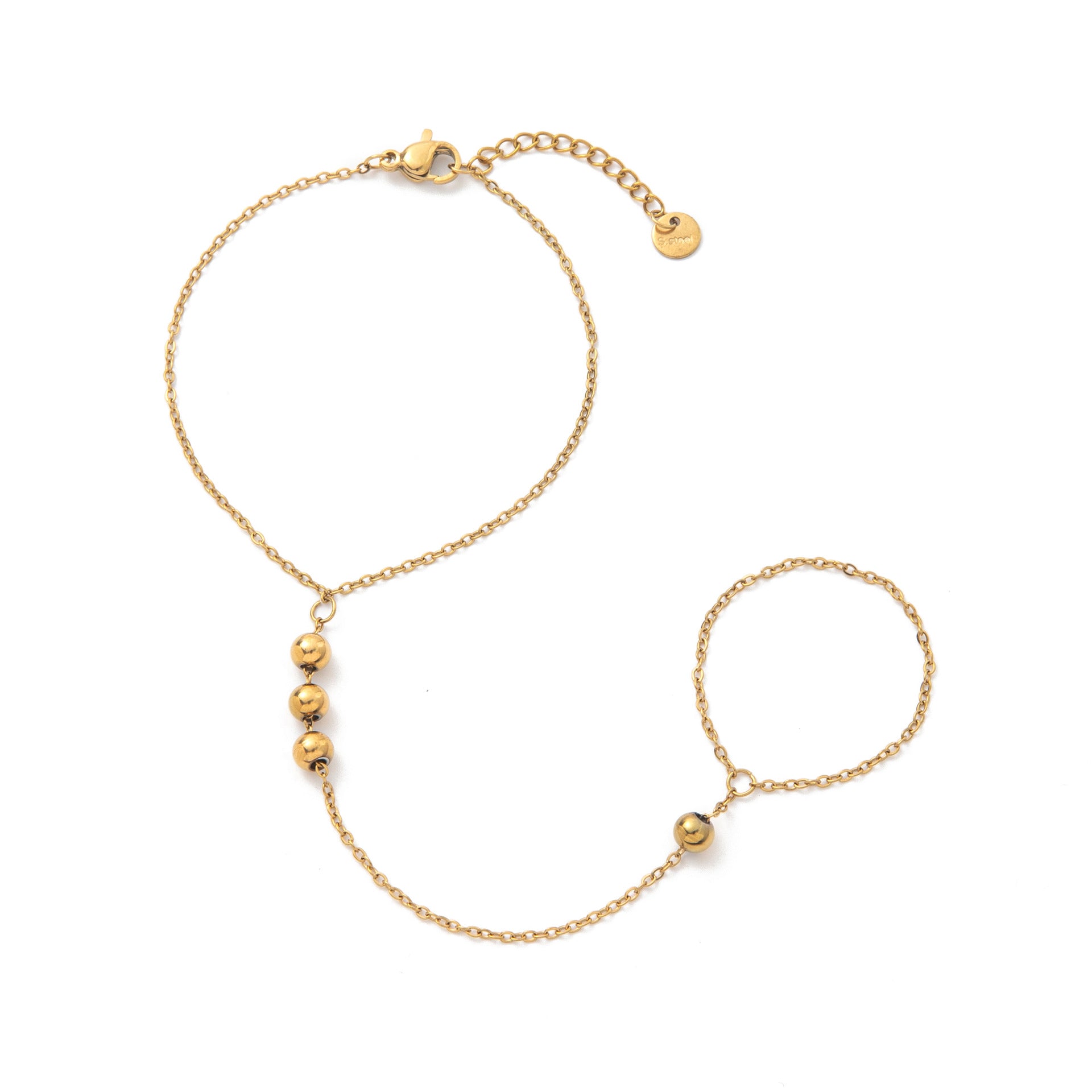 Elliette Gold Plated Finger Chain Bracelet - Finger Chain - Four Round Beads [T7IXPAAM]