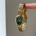 Oval Vintage Leather Strap Watch - Gold Strap Green Face (Steel) [3IRPID6X]
