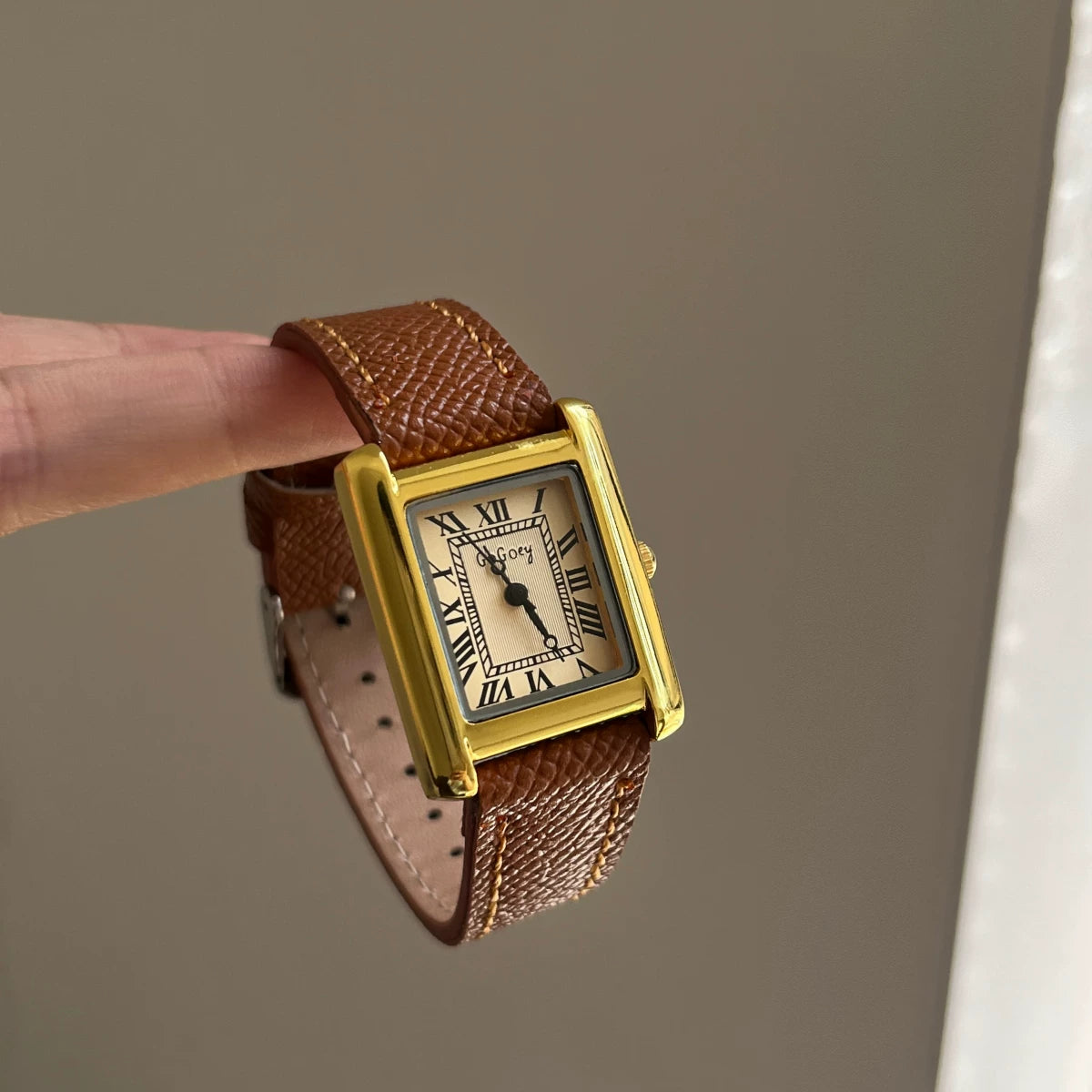 Vintage Square Leather Watch - Brown Strap Gold Face [HUBYMMOE]