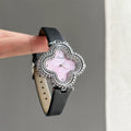 Mother-of-Pearl Clover Watch - Grey Strap, Silver Case, Pink Dial [6XMAQBI2]