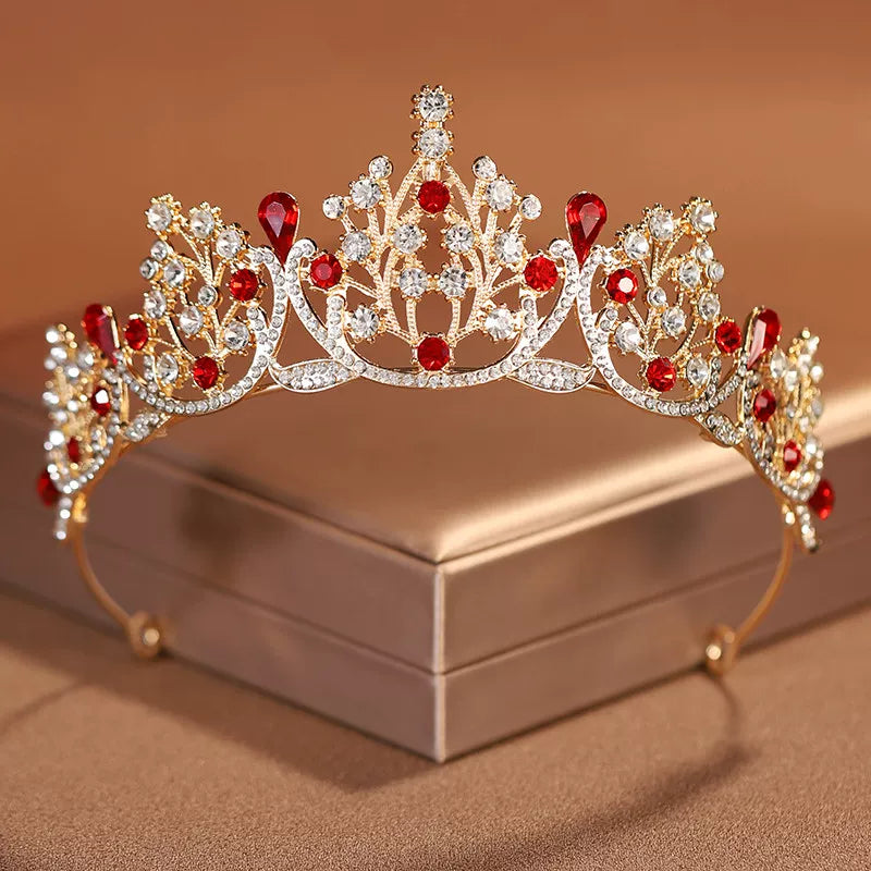 Rhinestone Water Drop Bridal Tiara - Gold with Red Rhinestones [ZO91KFWF]