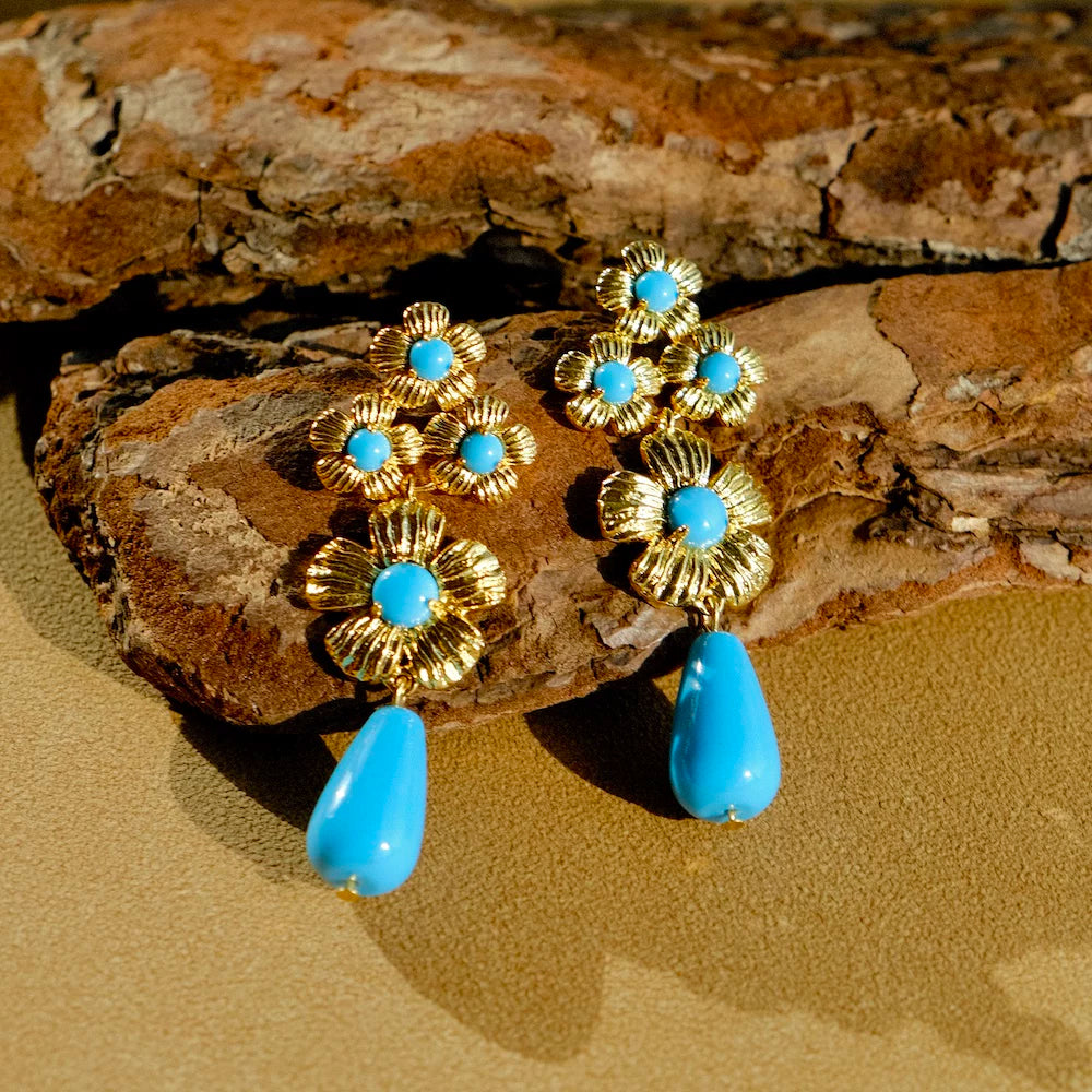 Water Wave Blue Flower Pendant Earrings - Stud Earrings (In Stock) [JX9UGAUK]