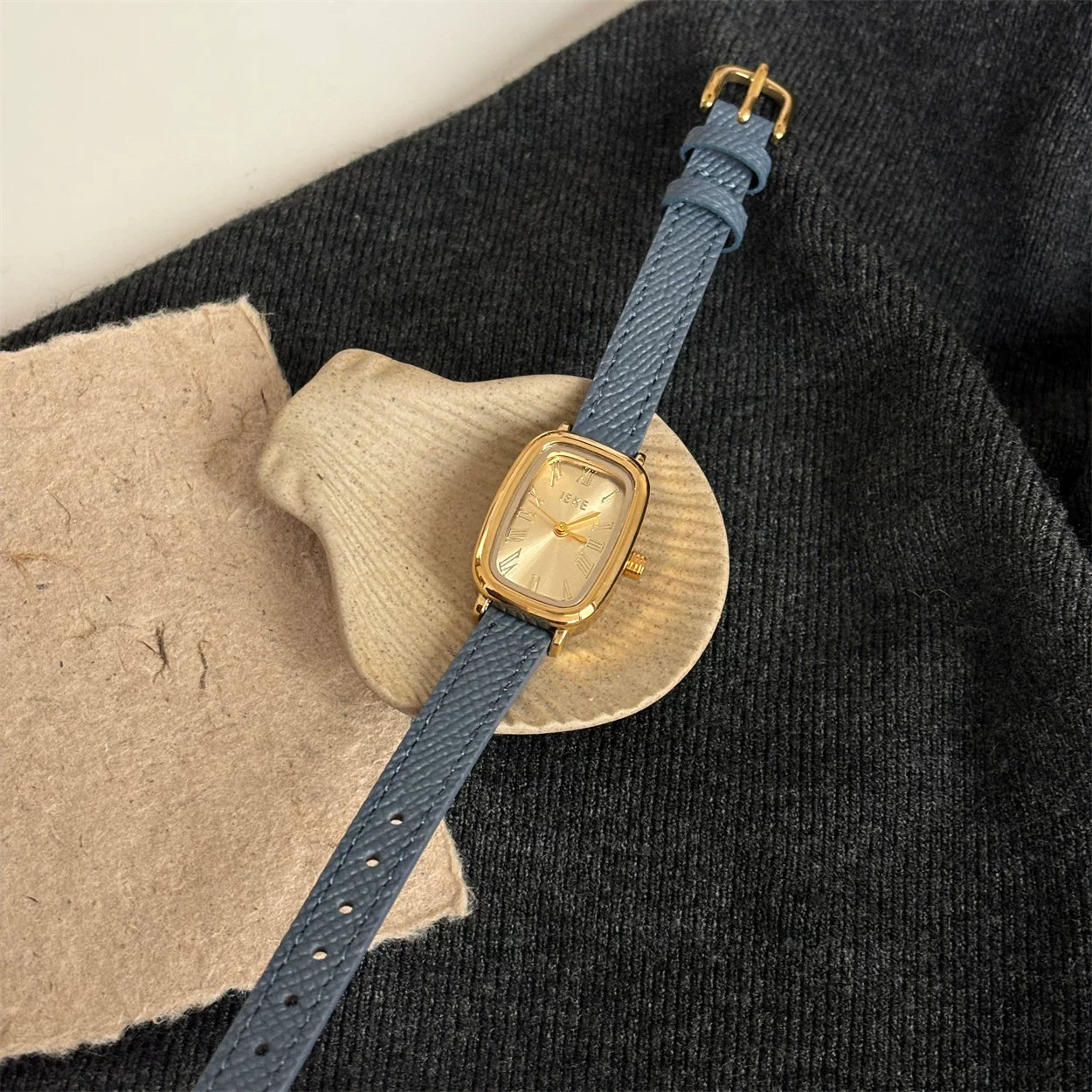 Vintage Square Dial Leather Watch - Blue Strap Gold Face [EJU6NGQD]