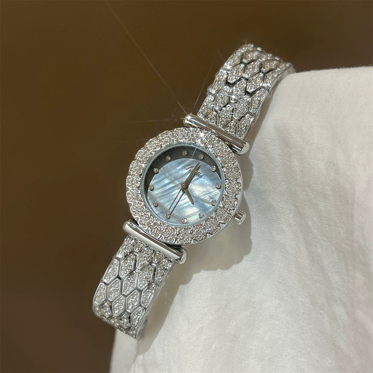Floral Mother-of-Pearl Bracelet Watch - Silver with Blue Dial (Double Row Floral) [C192NJFF]