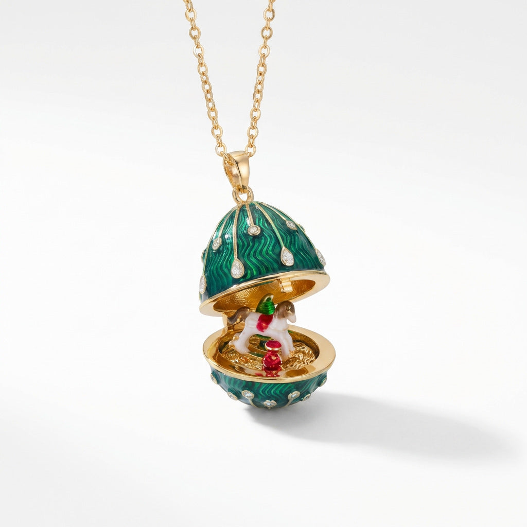 Enameled Egg Pendant Necklace - Green Egg (Carousel Inside) [7FHQOY71]
