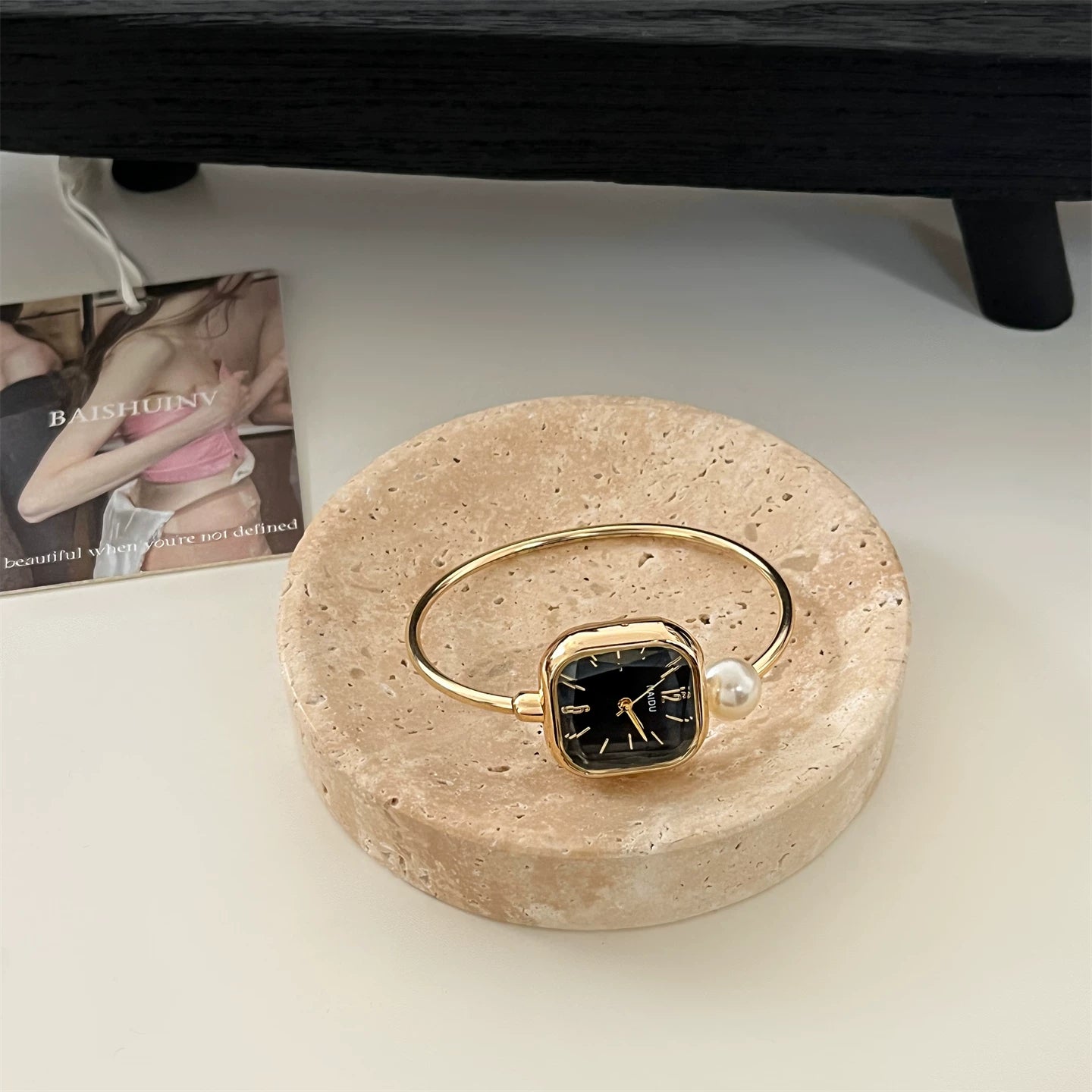 Square Pearl Bracelet Watch - Gold Band Black Dial [RIXTOW56]