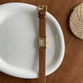 Mirabel Rectangular Leather Watch - Orange-Brown Strap Gold Frame Gold Dial [2FFZP9V9]