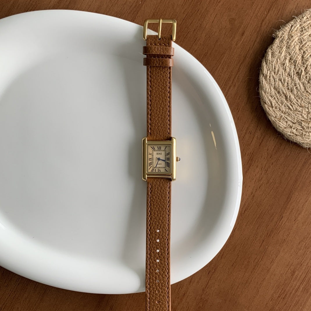 Mirabel Rectangular Leather Watch - Orange-Brown Strap Gold Frame Gold Dial [2FFZP9V9]