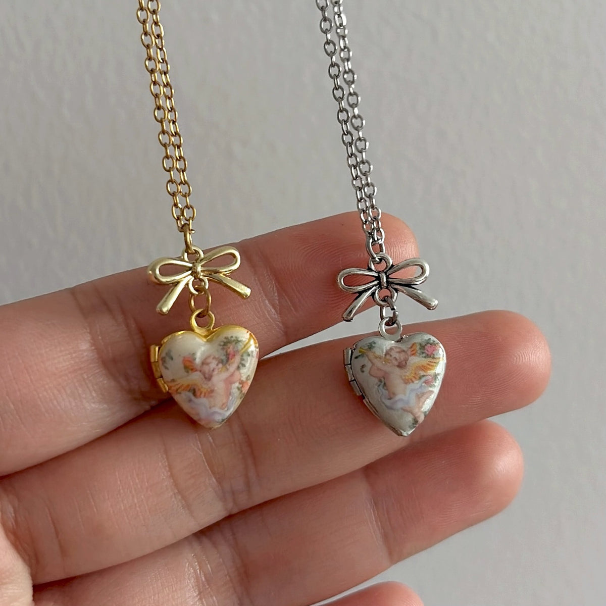 Heart Bow Locket Necklace - Gold Heart Bow Necklace (Single) [QKYYZ2KO]
