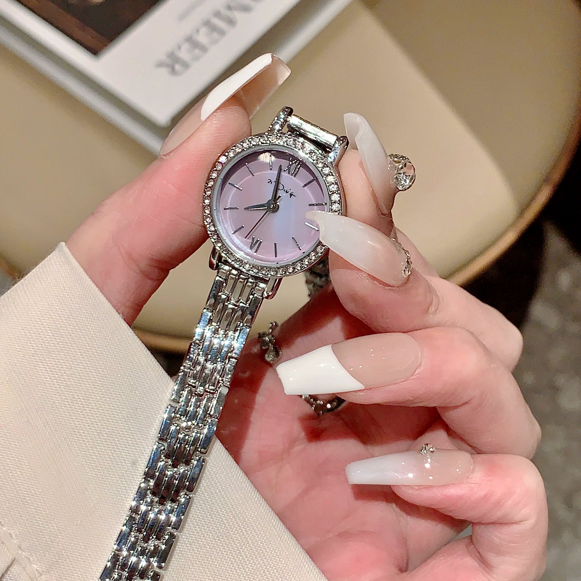 Pearl Bracelet Watch - Style 21 Round Small Diamonds / Purple Dial [LYKVARQ1]