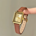 Vintage Square Leather Strap Watch - Brown Strap Gold Dial [CRU58DML]