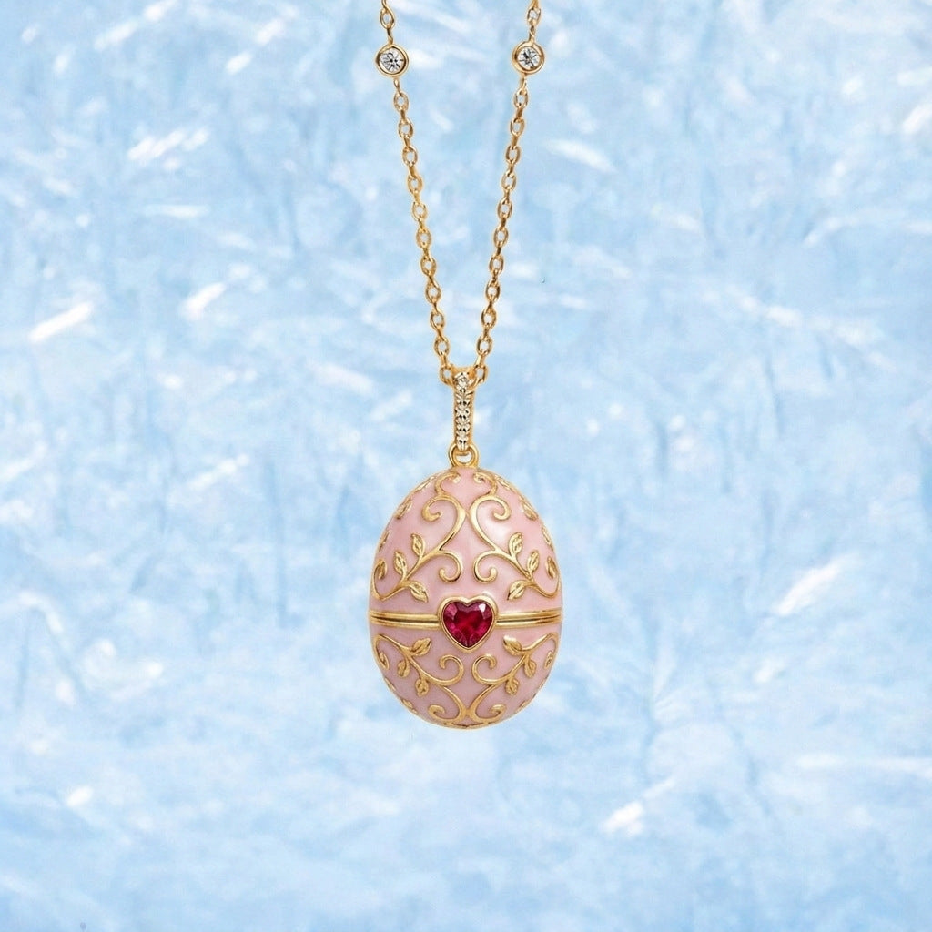 Enameled Egg Pendant Necklace - Red Zircon Vine Egg Necklace [ET57JS16]