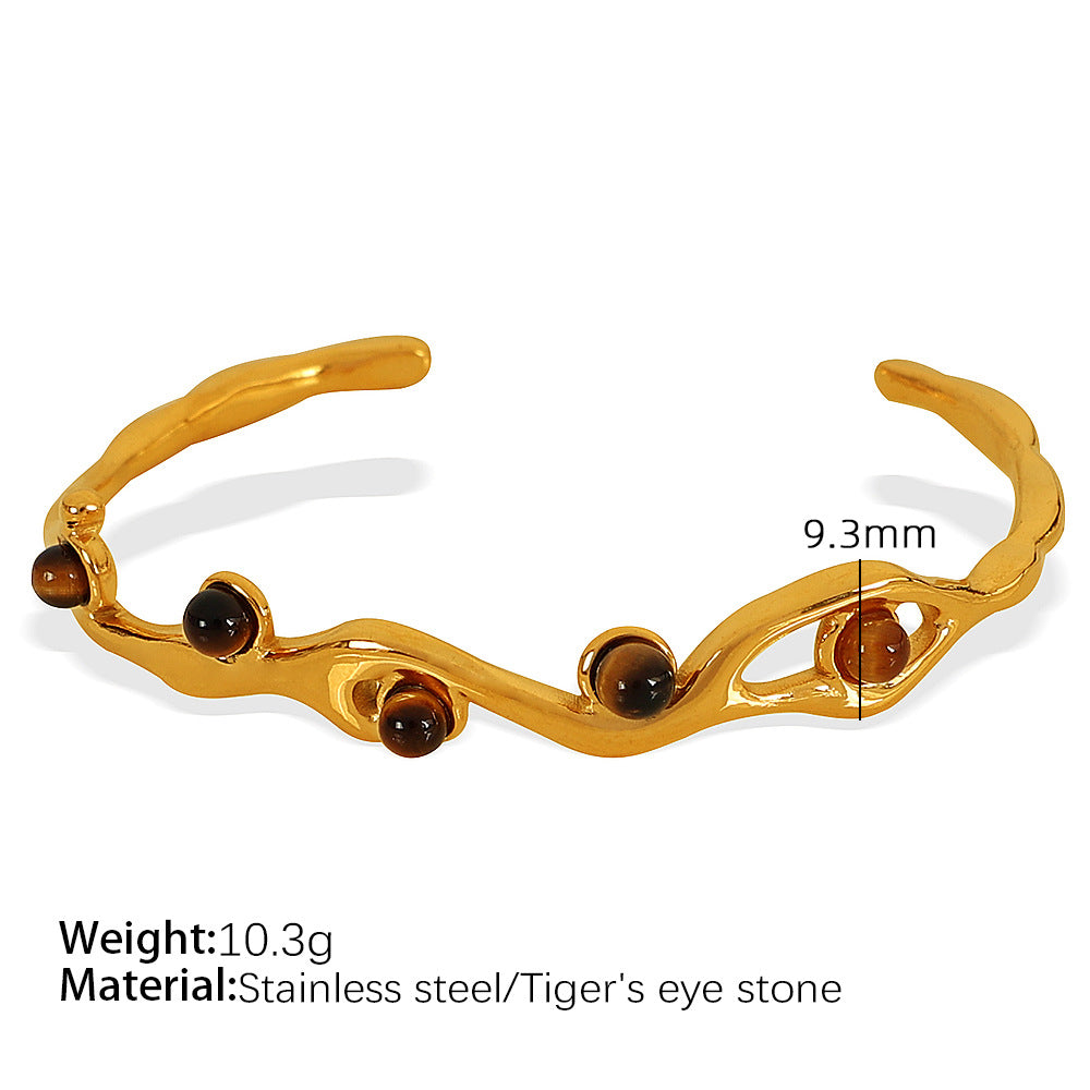 Varnika Bold Stone Cuff - Tiger Eye Stone Gold Bracelet [2RPORDSL]
