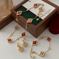 Four-Leaf Flower Pendant Necklace - Red Carved Three-Piece Set [H47PQO7U]