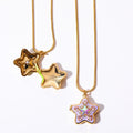Heart Locket Pendant Necklace - Pink Star - Round Snake Chain [3BA51D2A]