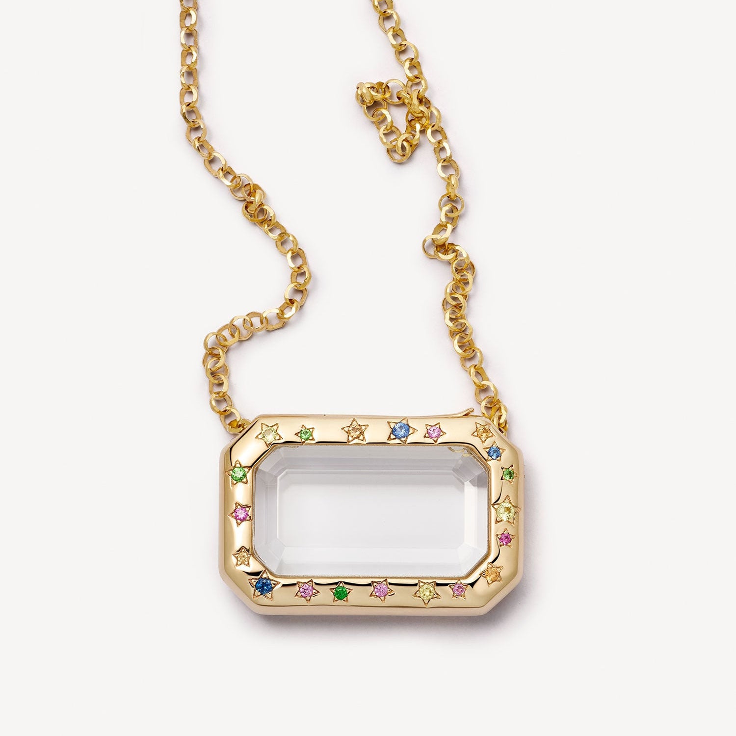 Transparent Locket Pendant Necklace - Rectangle Colorful CZ Glass Locket Necklace [U7YNAMWA]
