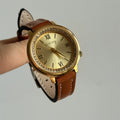Round Small Dial Wrist Watch - Brown Strap Gold Dial [6FGK4APM]