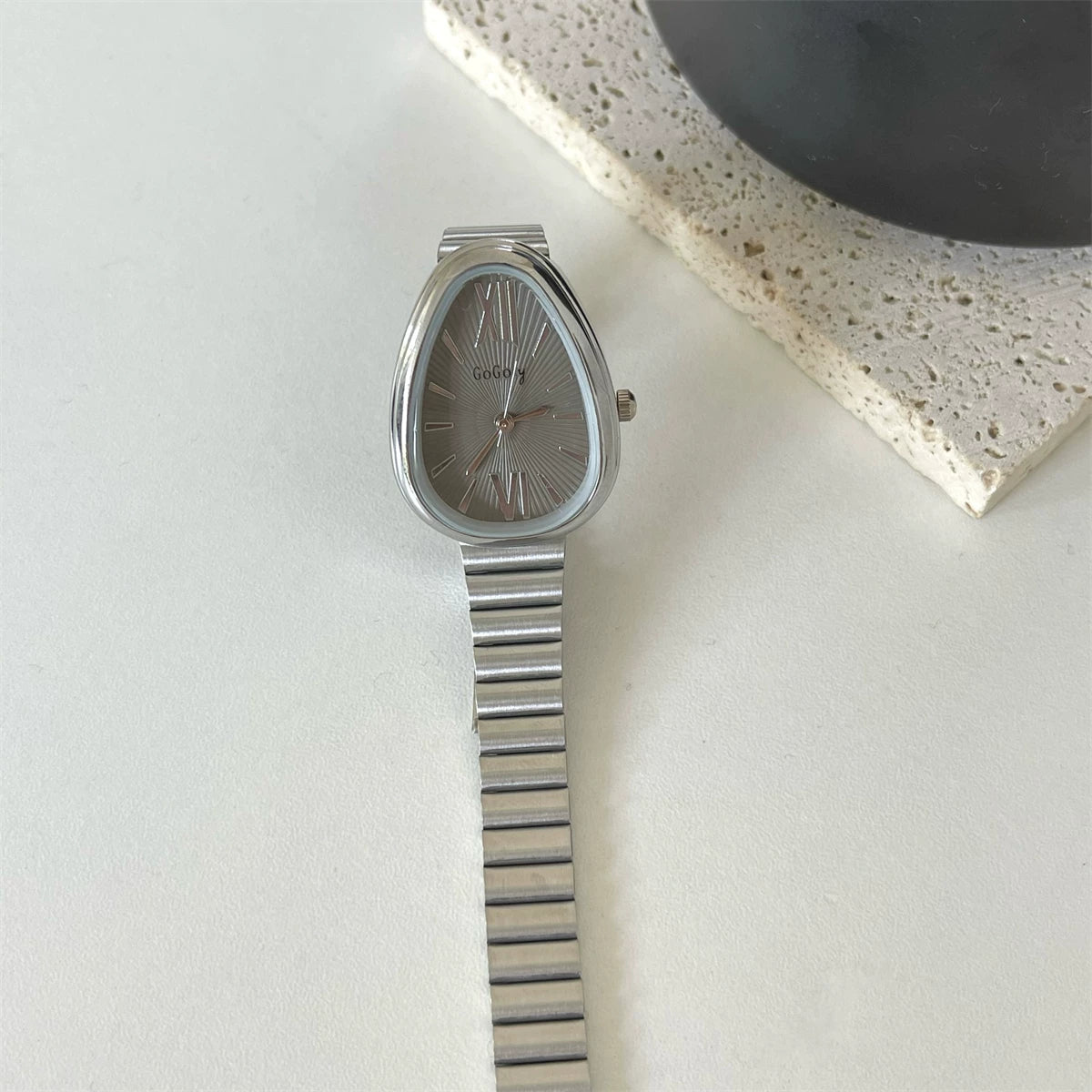 Vintage Snake Head Shaped Watch - Silver Strap Grey Dial (Bamboo Joint Strap) [CQZOKB5H]