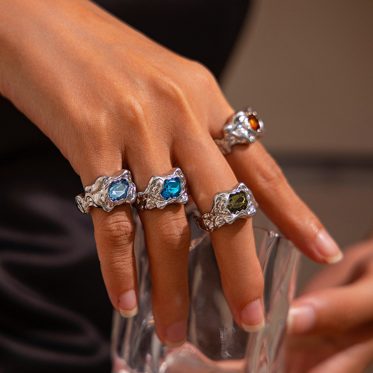 Elizaveta Geometric Pleated Ring Set - White Gold [JIZY05DP]