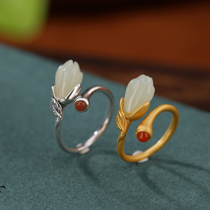 Hetian Jade and Red Agate Floral Open Ring