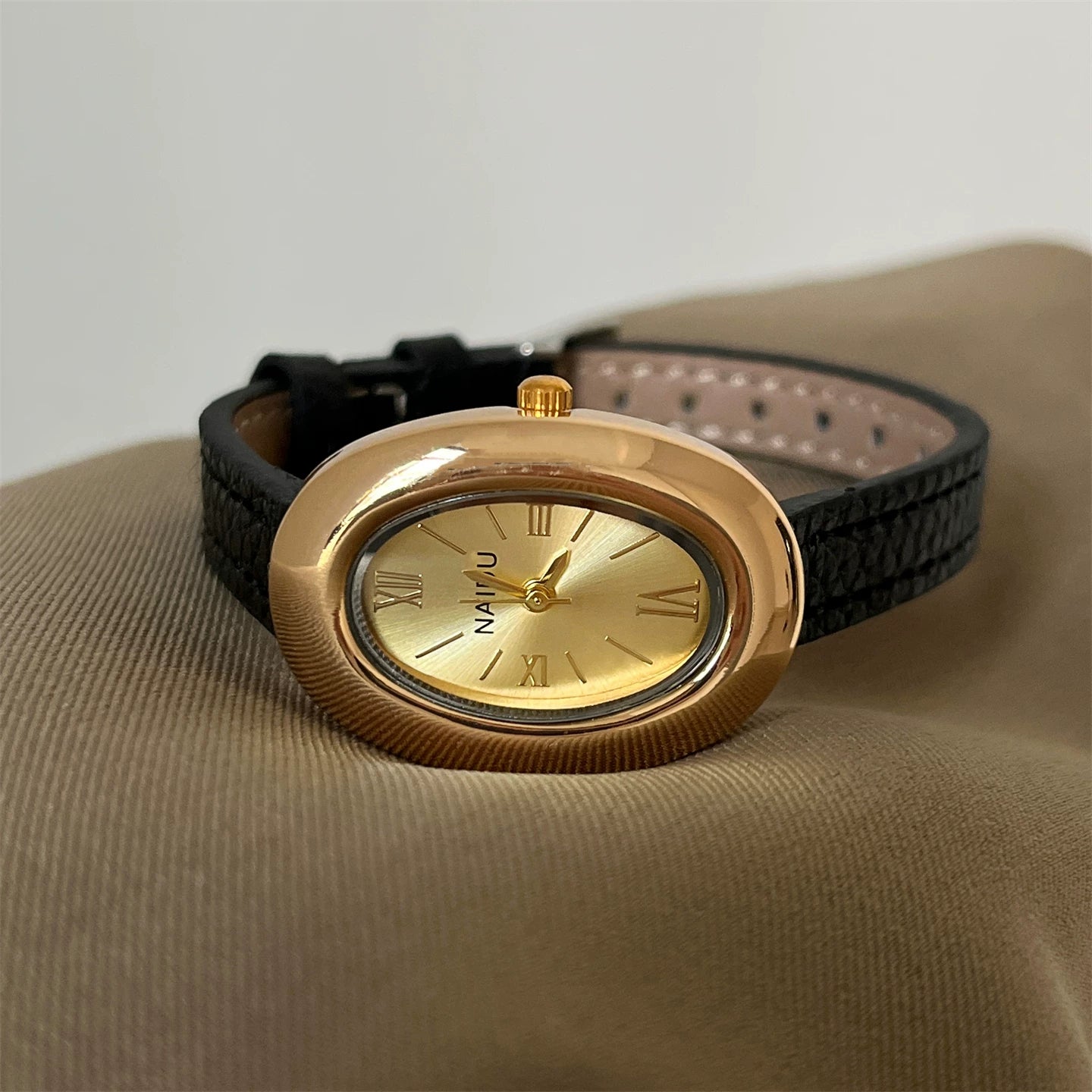 Vintage Inspired Bangle Watch - Black Leather / Gold Case / Gold Dial / Roman Numerals [HN6173TD]