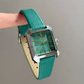 Square Case Minimalist Wrist Watch - Green (Leather Strap) [ATYTZQGB]