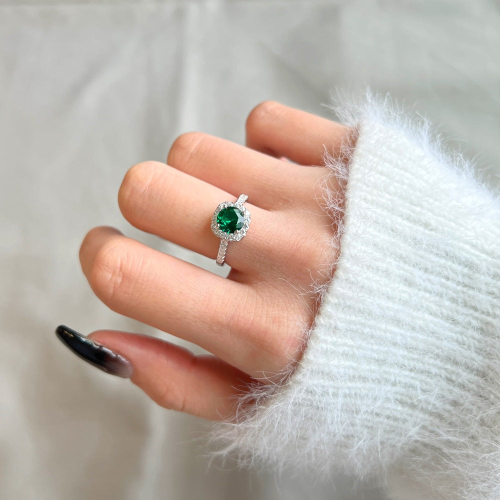 Half Circle Frame Green Crystal Sterling Silver Ring