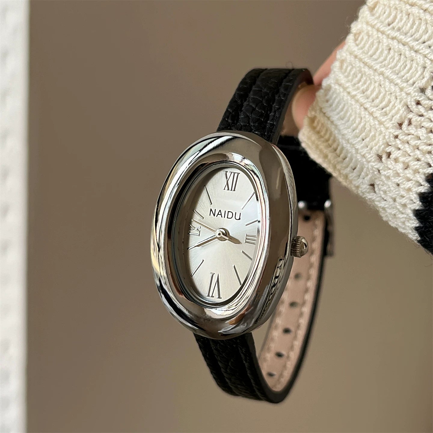 Vintage Inspired Bangle Watch - Black Leather / Silver Case / White Dial / Roman Numerals [MB9PNAN9]