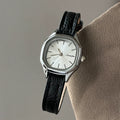 Retro Square Dial Watch - Black Strap Silver Case White Dial (Leather) [WM4DGFDJ]