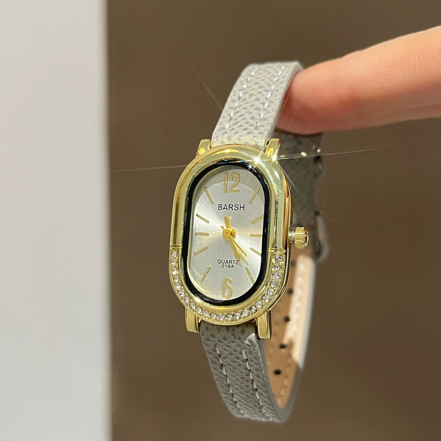 Vintage Oval Dial Leather Watch - Grey Strap Gold Case White Dial / Number Dial (218A) [5OU3NUHU]