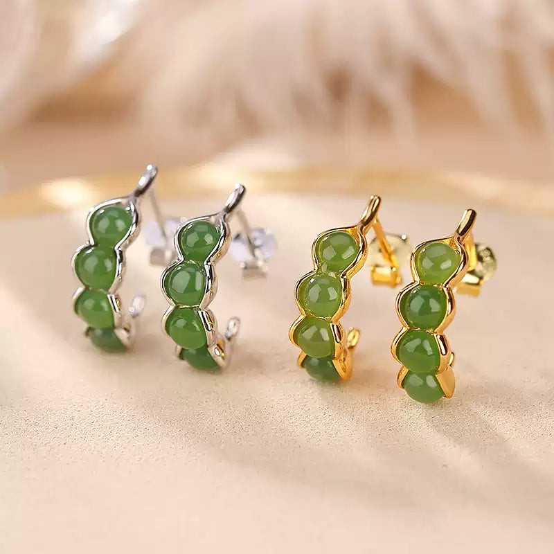 Jade Stone Silver Hoop Earrings
