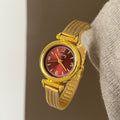 Minimalist Round Mesh Strap Watch - Gold Strap Red Dial [SR6L3YCL]