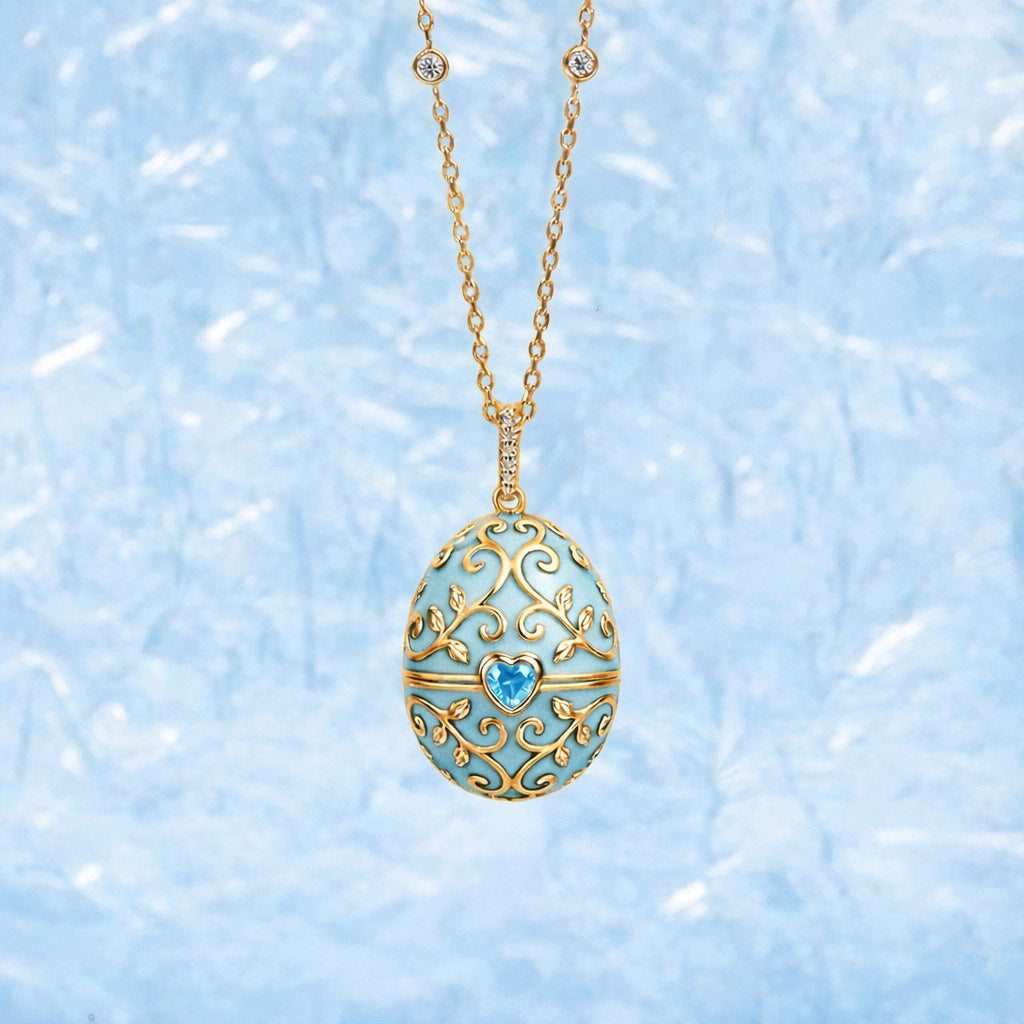 Enameled Egg Pendant Necklace - Blue Zircon Vine Egg Necklace [RW0UN8OX]